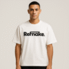 20250823_0252_Fashion Model Photoshoot_remix_01k3a6frnef0qrevnbwzw59rpb (1) Refnake Black Logo Oversized White T-Shirt