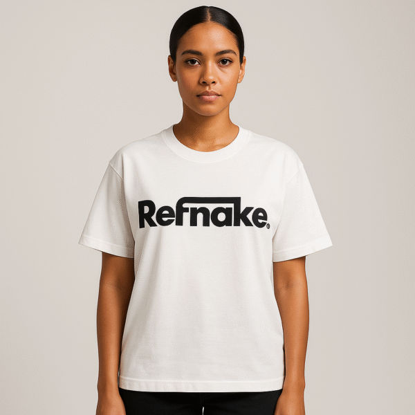 20250823_1910_Styled Oversized T-Shirt_remix_01k3byfqg0fnev2bmn2k775x95 Refnake Black Logo Oversized White T-Shirt
